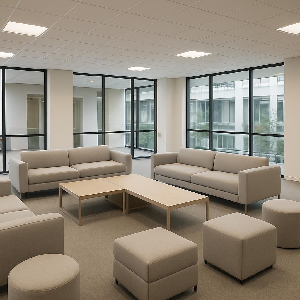 A modern office breakroom with a neutral color scheme, featuring white couches, beige chairs, ottomans, a wooden coffee ta...