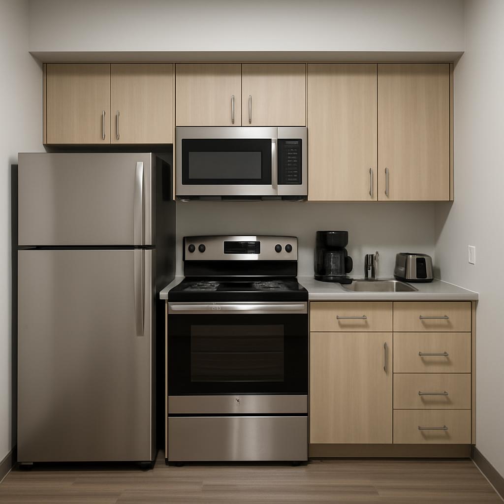 A small kitchen featuring a stainless steel refrigerator, oven with a black and stainless steel exterior, a small kitchen ...